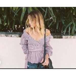 Express Puff Sleeve Off Shoulder Blouse Size LBurgundy White Striped Balloon Top